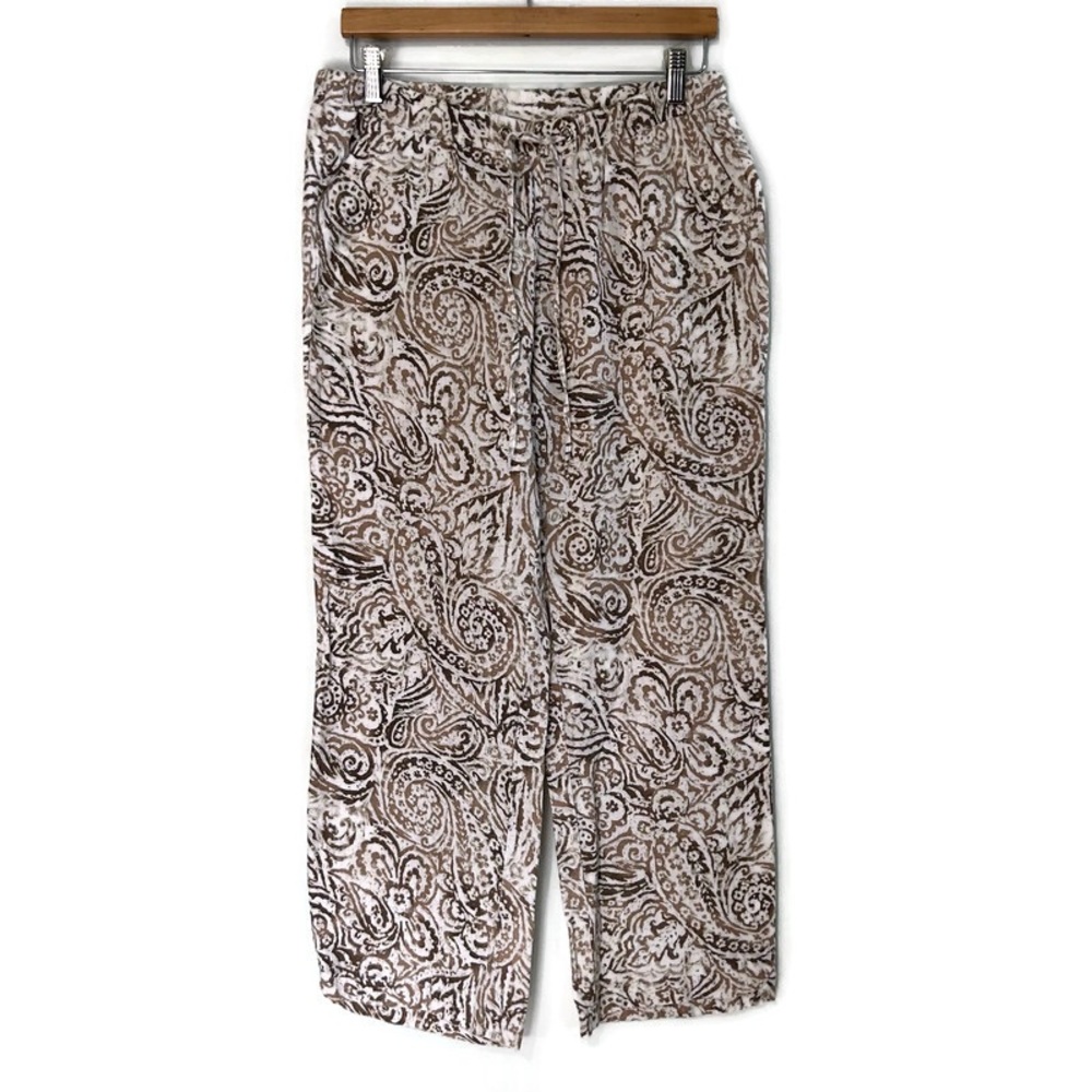 Linen Boho Paisley Wide-Leg Pants Brown & White Lightweight Drawstring 32